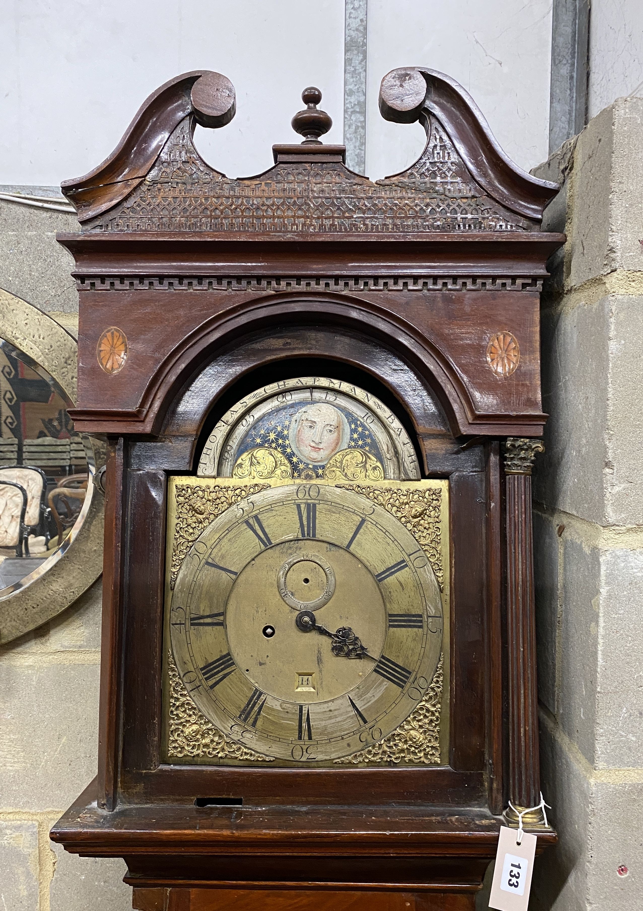 A George III inlaid mahogany 8 day longcase clock with moonphase dial, marked Thomas Chapman, Bath, (in need of restoration) height 230cm
